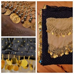 Belly dance/ beledi bundle. Coin hip scarf, veil, gold & black